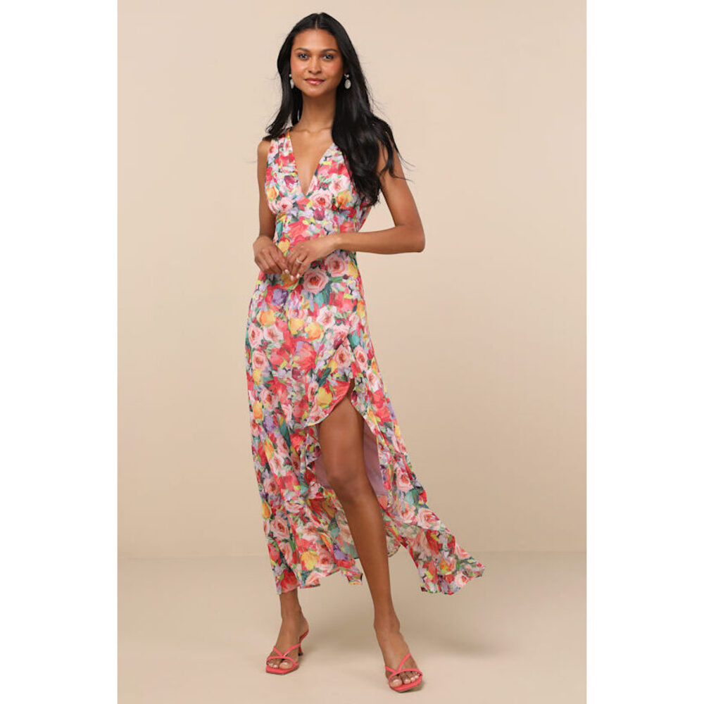 Lulus Laraline Red Multi Floral Ruffled Cowl Back Maxi Dress - Size M